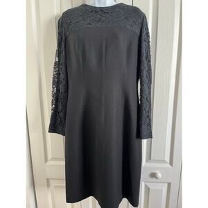 Brooks Brothers Black Long Sleeve Sheath Wool Dress with Lace Size 12 VTG NWT